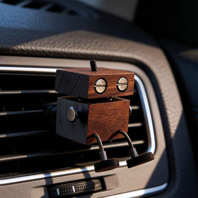 Wooden Robot Car Air Vent Diffuser – Cute Shaking Leg Dashboard Decor