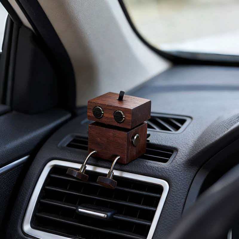 Wooden Robot Car Air Vent Diffuser – Cute Shaking Leg Dashboard Decor